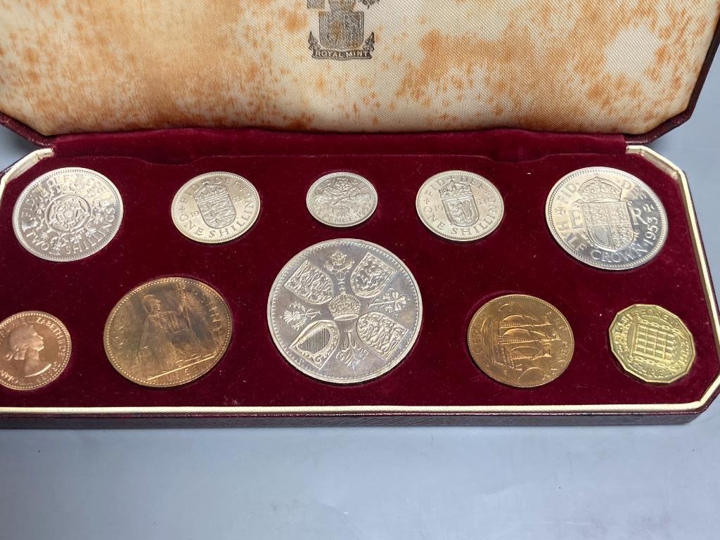 A Queen Elizabeth II brilliant UNC Coronation coin set, 1953 and a similar proof coin set